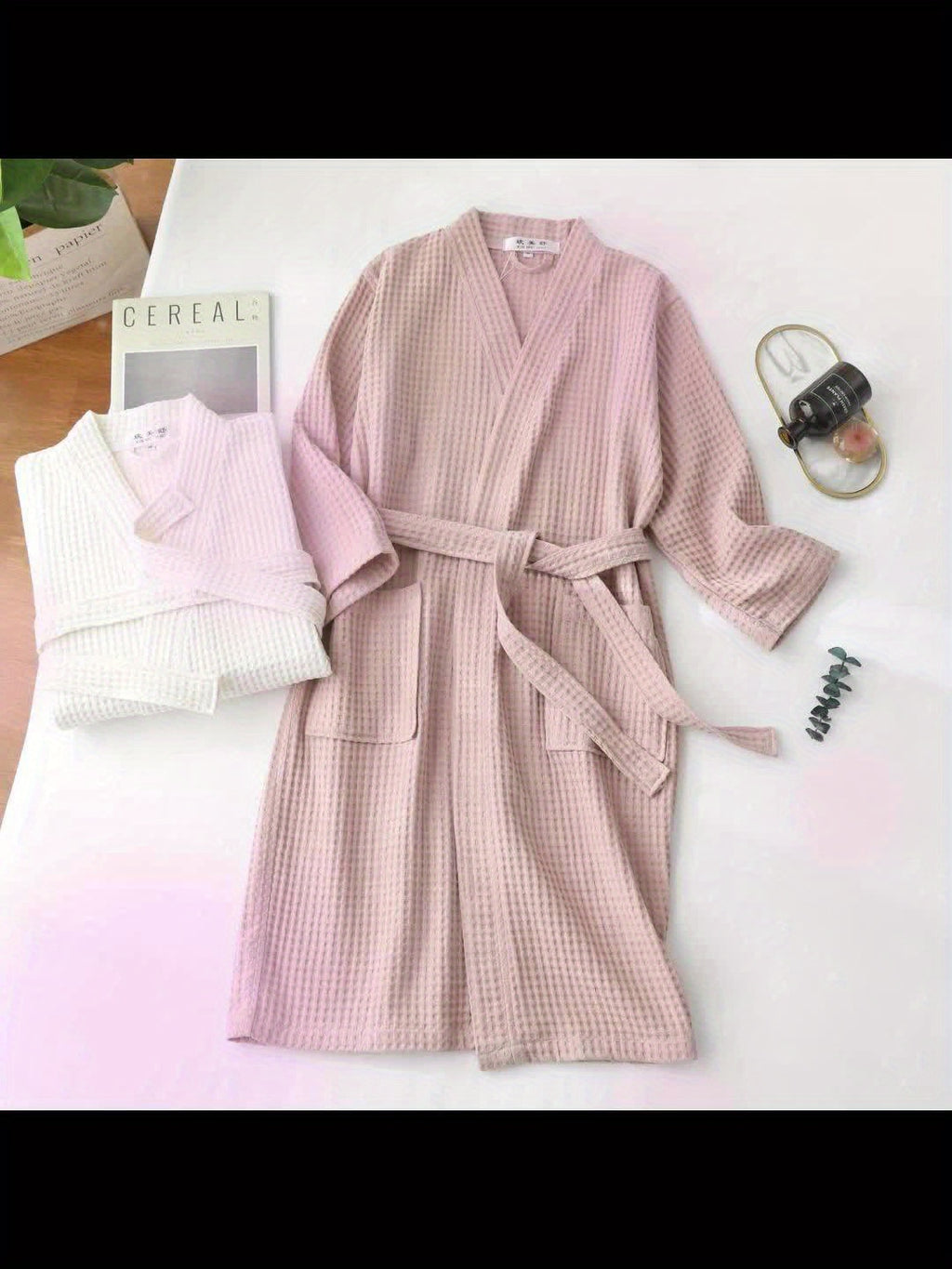 Comfy Waffle Knit Bathrobe for Men & Women | Lightweight, Soft, Breathable, Quick Dry, V-neck, Long Sleeve, Belted, All-season