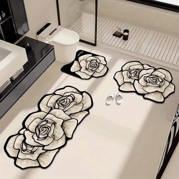 3pcs Premium Elegant Floral Bathroom Toilet Mat Set, Non-slip, Multifunctional, Quick-drying, Absorbent, Diatomite Bathroom Door Mat, Holiday Gift, Light Luxury