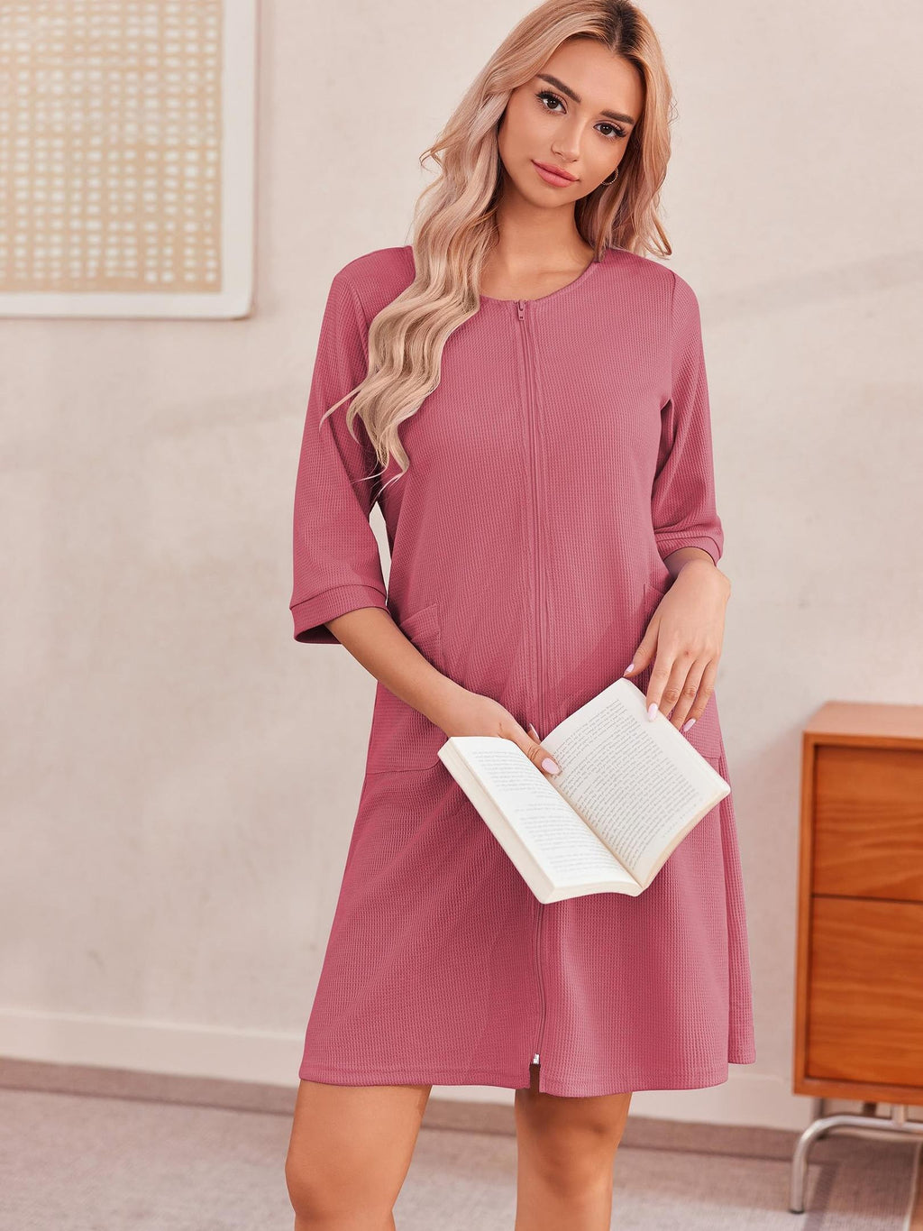Women's Floral Print Waffle Zip-Up Robe - Lightweight Knee-Length Housecoat with Pockets, V-Neck & Three-Quarter Sleeves, Machine Washable, Sizes S-2XL, Comfortable Loungewear, Elegant Home Attire, Stretchy Fabric