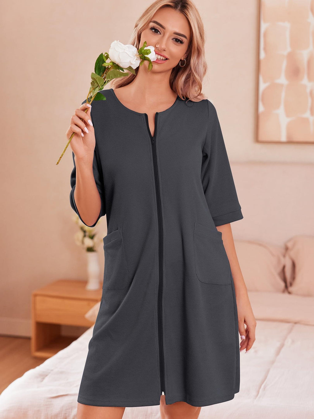 Women's Floral Print Waffle Zip-Up Robe - Lightweight Knee-Length Housecoat with Pockets, V-Neck & Three-Quarter Sleeves, Machine Washable, Sizes S-2XL, Comfortable Loungewear, Elegant Home Attire, Stretchy Fabric