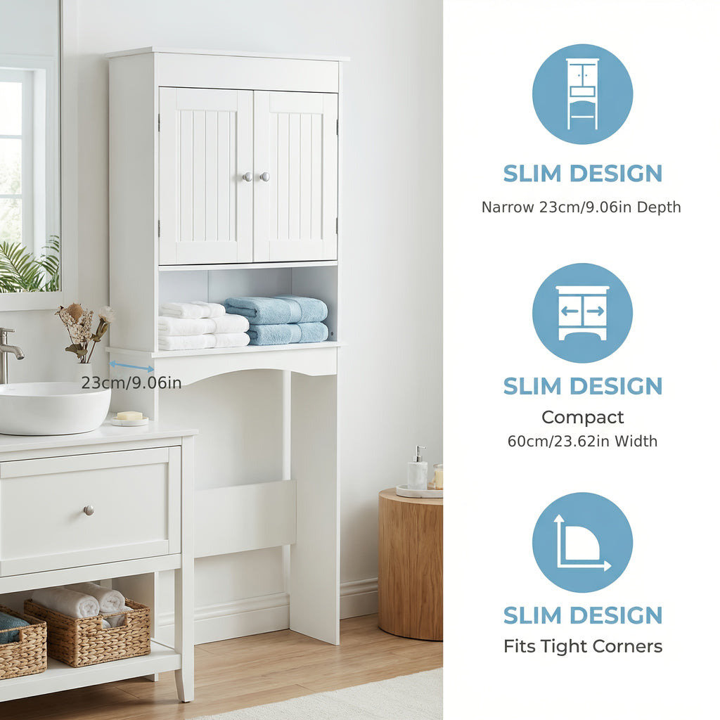 Over The Toilet Storage Cabinet With Adjustable Shelf And Double Doors | Bathroom Space Saver Organizer Above Toilet With Open Shelf, Taller Free Standing Toilet Rack - White, Modern Style, Floor Mount
