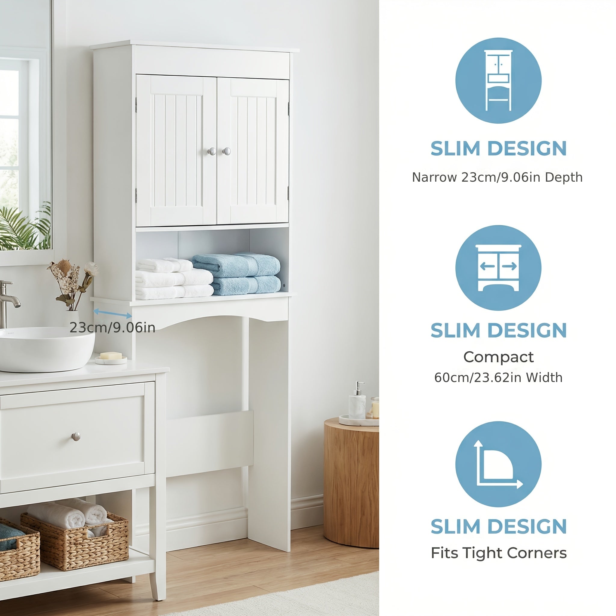 Over The Toilet Storage Cabinet With Adjustable Shelf And Double Doors | Bathroom Space Saver Organizer Above Toilet With Open Shelf, Taller Free Standing Toilet Rack - White, Modern Style, Floor Mount