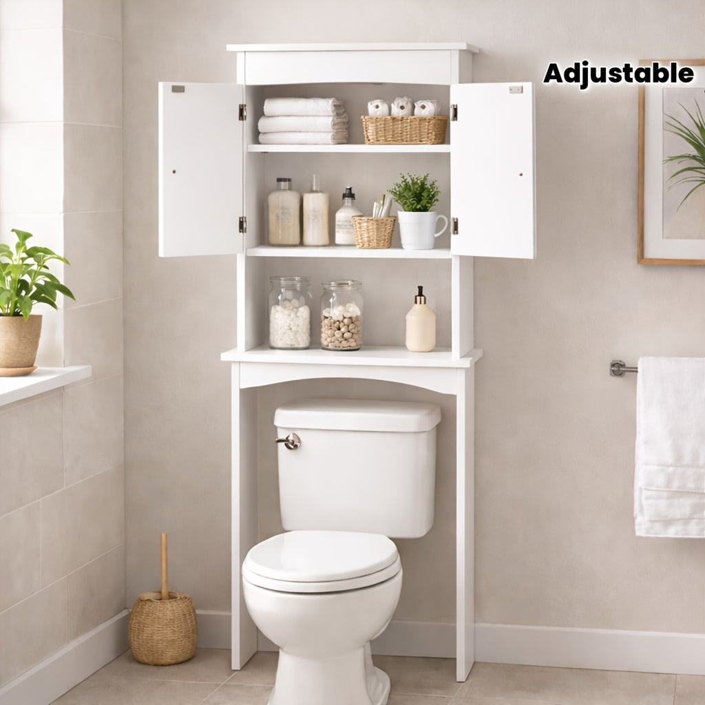 Over The Toilet Storage Cabinet With Adjustable Shelf And Double Doors | Bathroom Space Saver Organizer Above Toilet With Open Shelf, Taller Free Standing Toilet Rack - White, Modern Style, Floor Mount