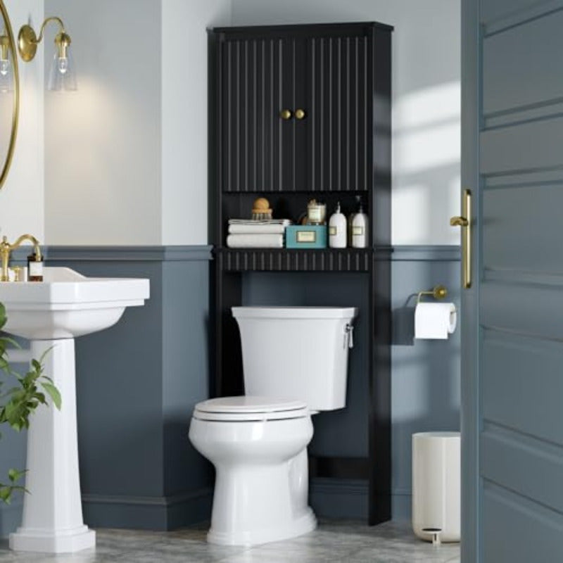 Over The Toilet Storage Cabinet Over The Toilet Storage with Fluted Door Over The Toilet Cabinet with Adjustable Shelf Above The Toilet Storage Cabinet for Bathroom Organizer Black