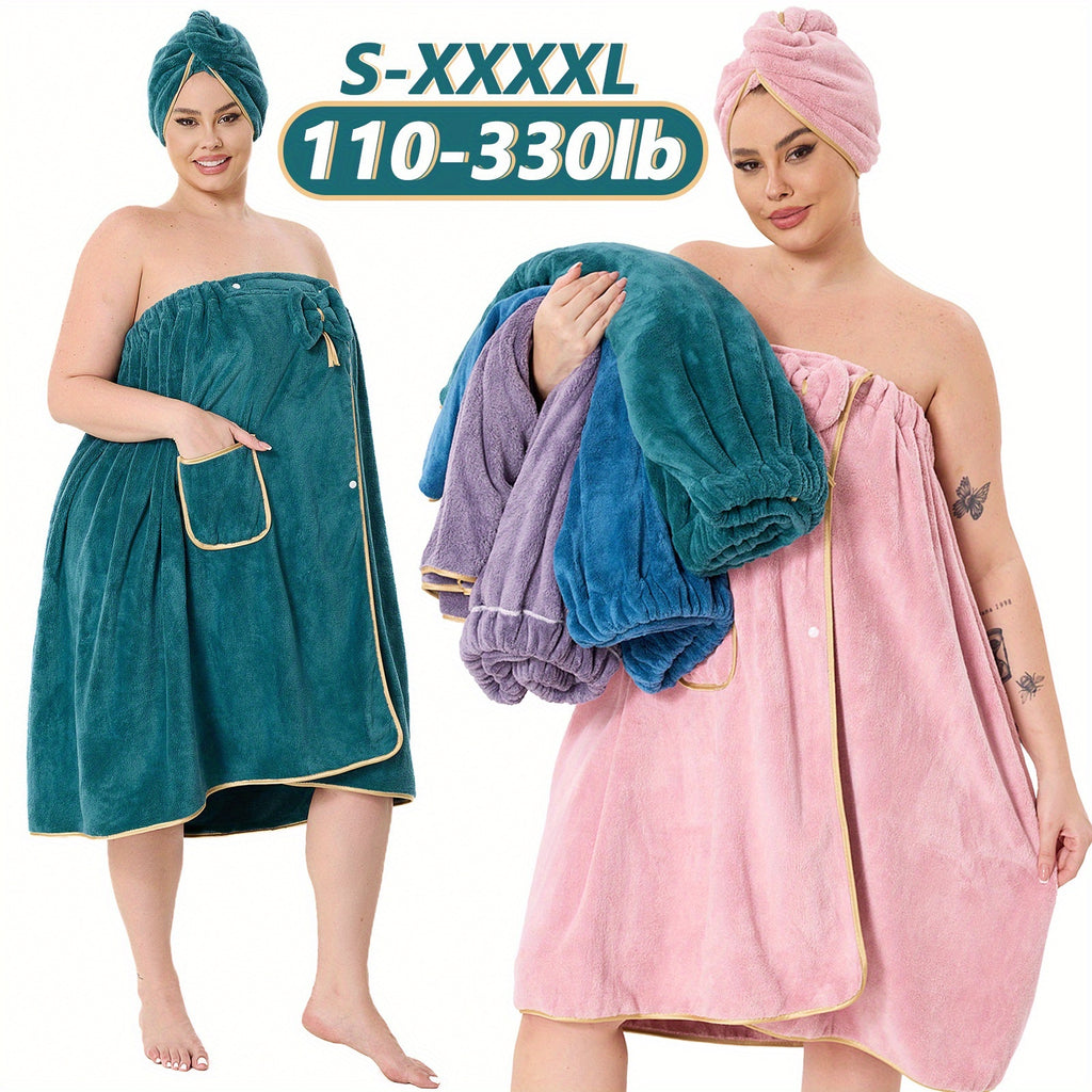 2pcs Extra Large Bathrobe and Hair Cap Set | Heavyweight 110.23-330 Lbs Load Bearing, Adjustable Closure, Thickened Coral Fleece Towel with Golden Piping, Face Towel, Bath Towel, Women'S Bath Towel, Men'S Bath Towel, Polyester, Machine Washable