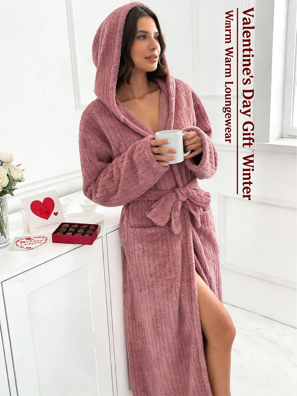 Women's Plush Fleece Robe with Belt, Hood & Side Pockets - Soft Warm Loungewear, Valentine's Gift for Her, Birthday Present, Winter Home Hotel Use