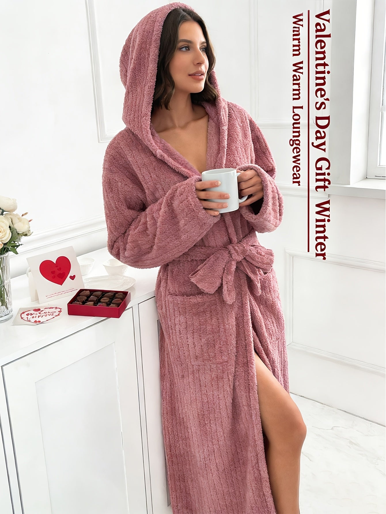 Women's Plush Fleece Robe with Belt, Hood & Side Pockets - Soft Warm Loungewear, Valentine's Gift for Her, Birthday Present, Winter Home Hotel Use