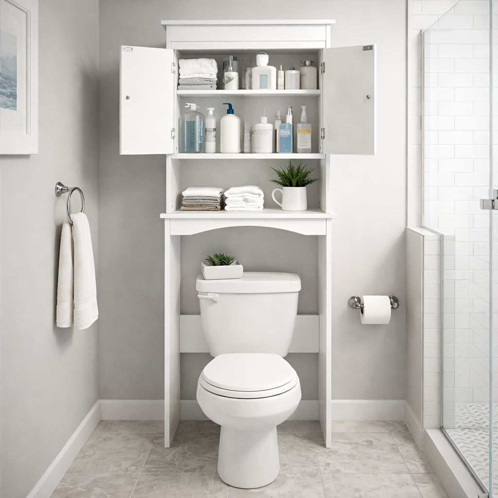 Over The Toilet Storage Cabinet With Adjustable Shelf And Double Doors | Bathroom Space Saver Organizer Above Toilet With Open Shelf, Taller Free Standing Toilet Rack - White, Modern Style, Floor Mount