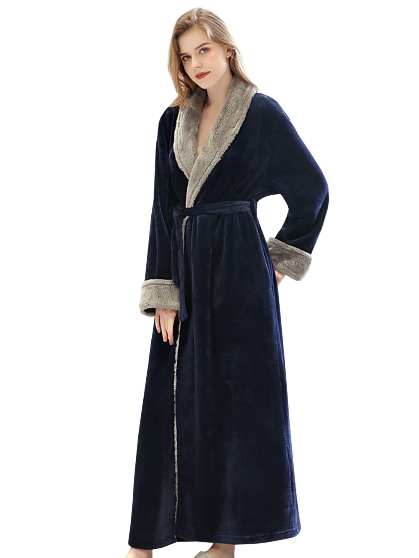 PUTUO Women'S Elegant Navy Plush Fleece Robe - Soft Long Sleeve Winter Sleepwear with Belted Waist, V-Neck & Straight Hem, All-Season Cozy Bedrobe for Women