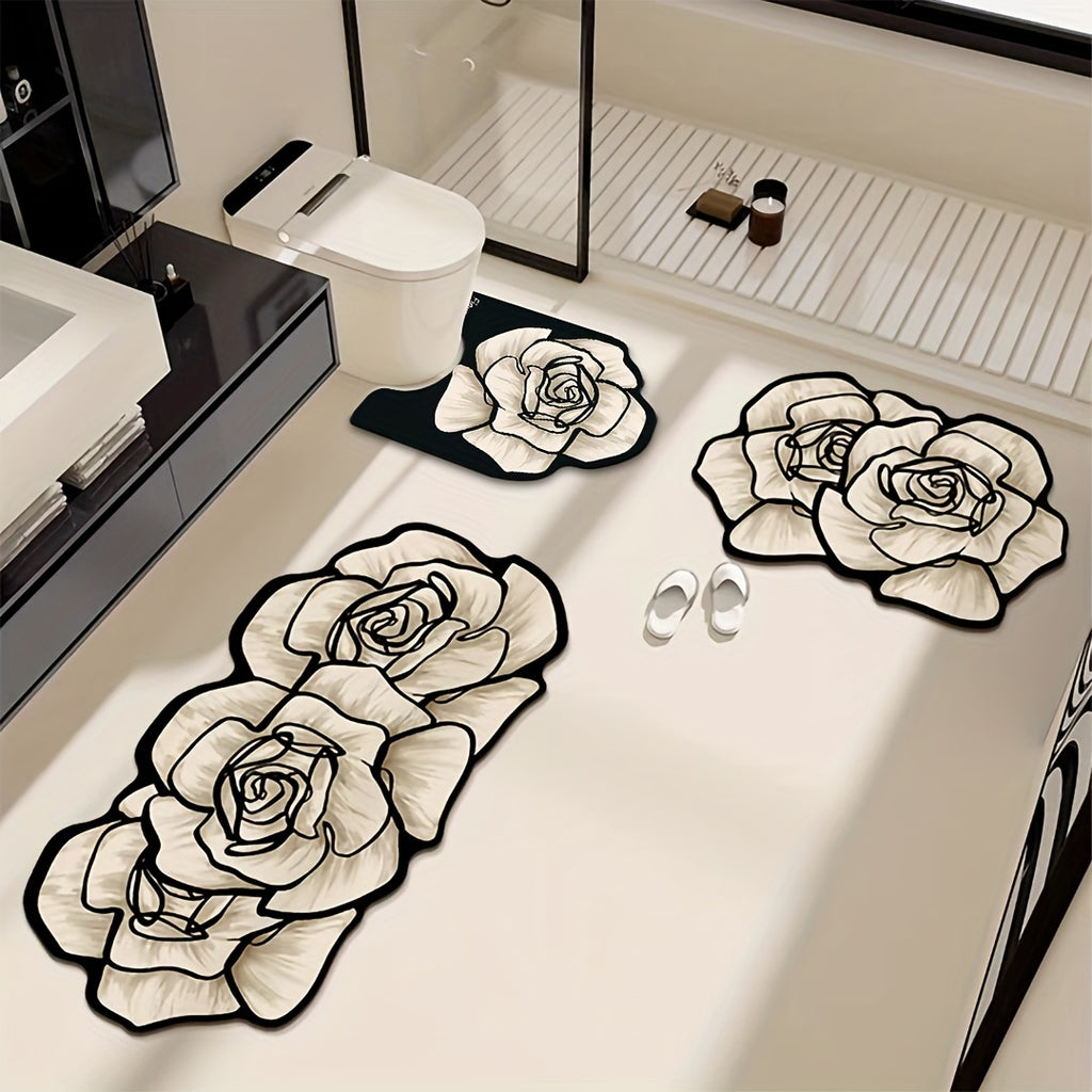 3pcs Premium Elegant Floral Bathroom Toilet Mat Set, Non-slip, Multifunctional, Quick-drying, Absorbent, Diatomite Bathroom Door Mat, Holiday Gift, Light Luxury