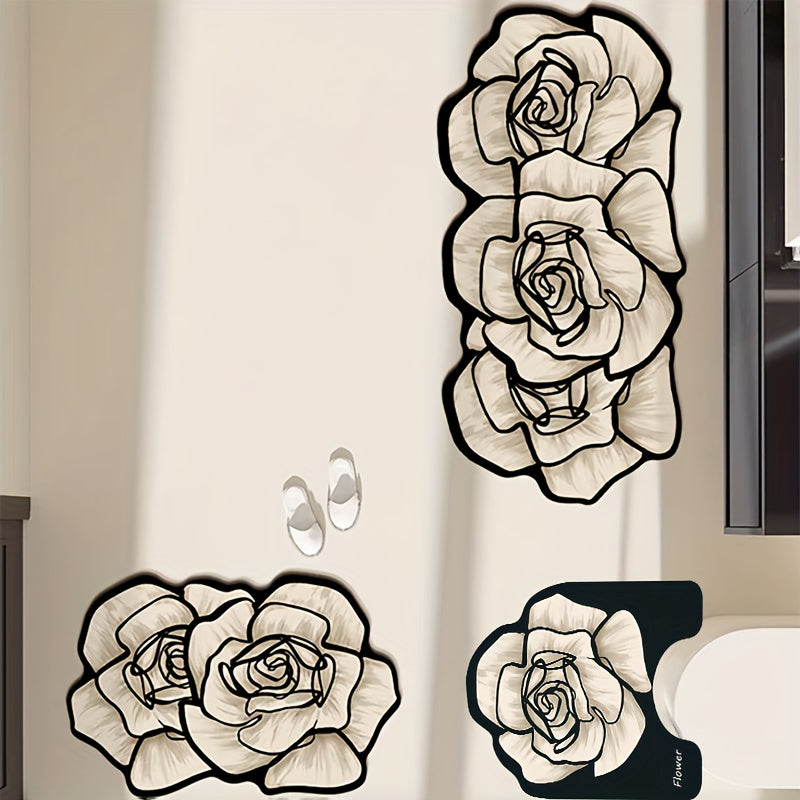 3pcs Premium Elegant Floral Bathroom Toilet Mat Set, Non-slip, Multifunctional, Quick-drying, Absorbent, Diatomite Bathroom Door Mat, Holiday Gift, Light Luxury