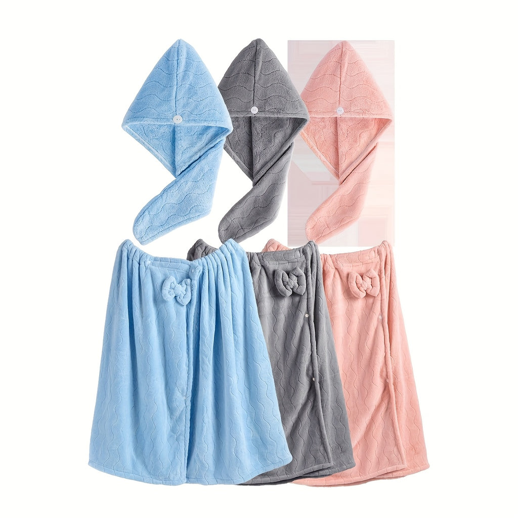 3pcs Luxury Bathrobe & Hair Dryer Cap Set - Extra Large Quick-Dry Bathrobe (S-XXXXL, up to XXL), Heavyweight 350gsm Coral fleece Spa Robe with Hooded Design, Soft Absorbent Towels for Home, Travel, Sauna, Salon - Elegant Post-Shower Wrap in Pastel C