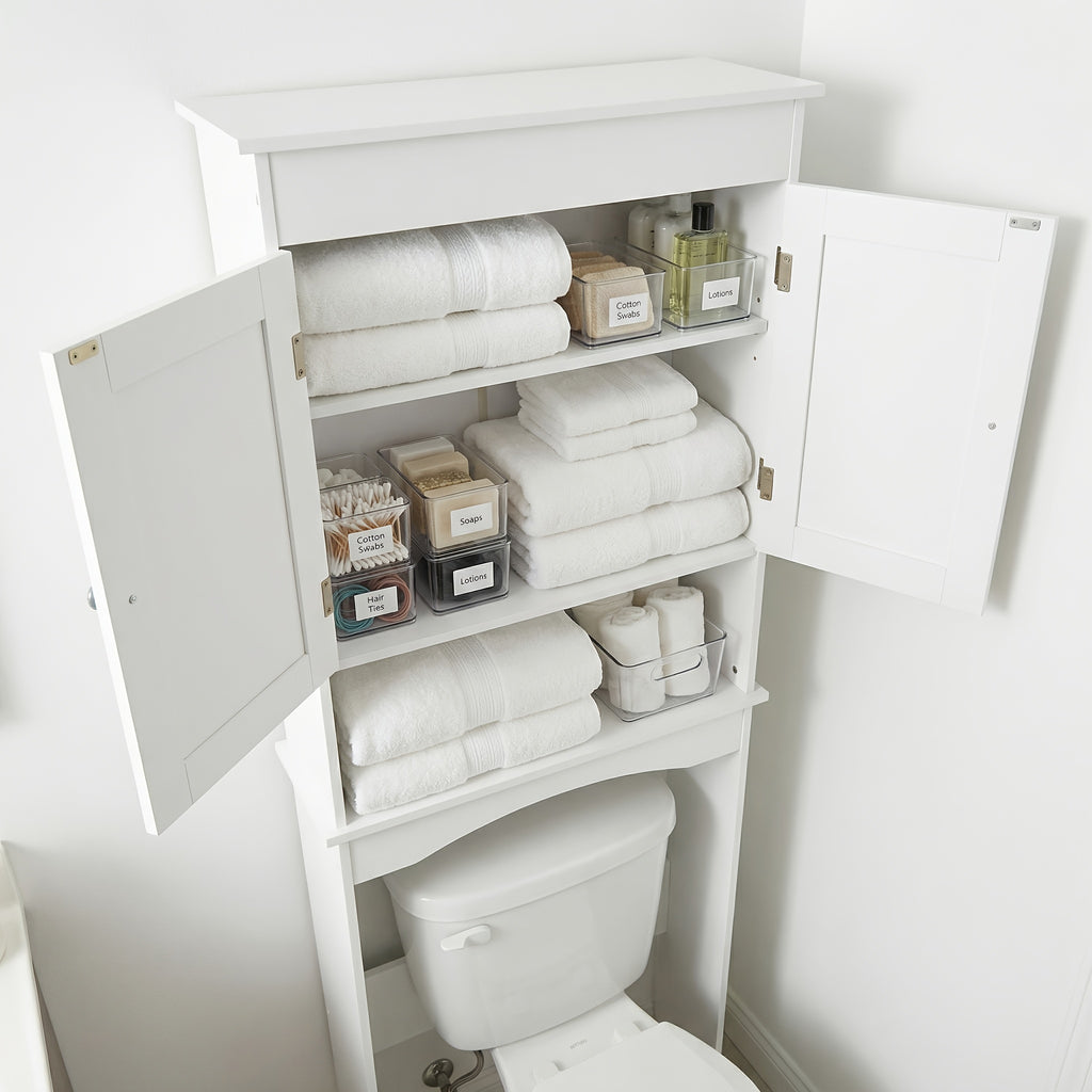 Over The Toilet Storage Cabinet With Adjustable Shelf And Double Doors | Bathroom Space Saver Organizer Above Toilet With Open Shelf, Taller Free Standing Toilet Rack - White, Modern Style, Floor Mount