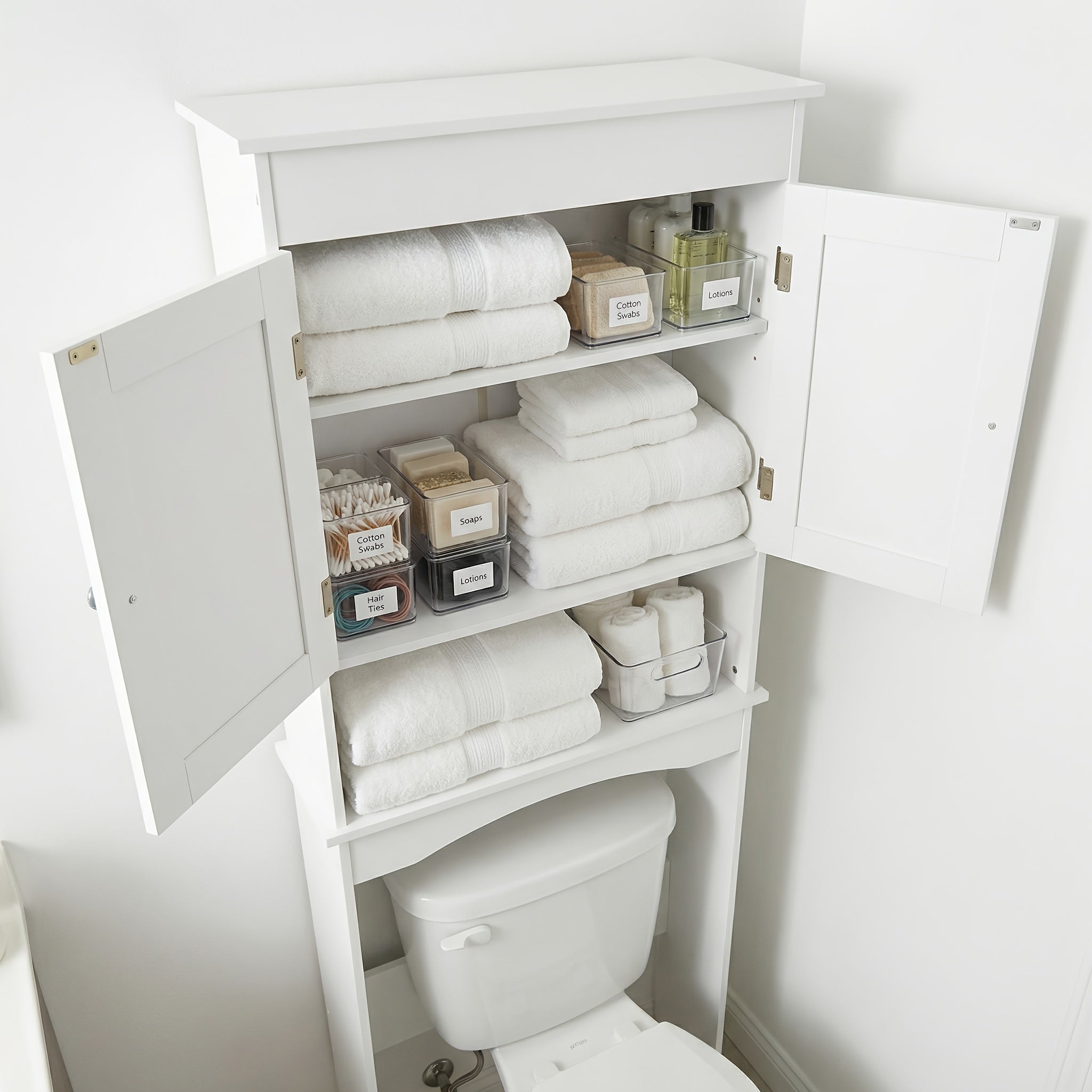 Over The Toilet Storage Cabinet With Adjustable Shelf And Double Doors | Bathroom Space Saver Organizer Above Toilet With Open Shelf, Taller Free Standing Toilet Rack - White, Modern Style, Floor Mount