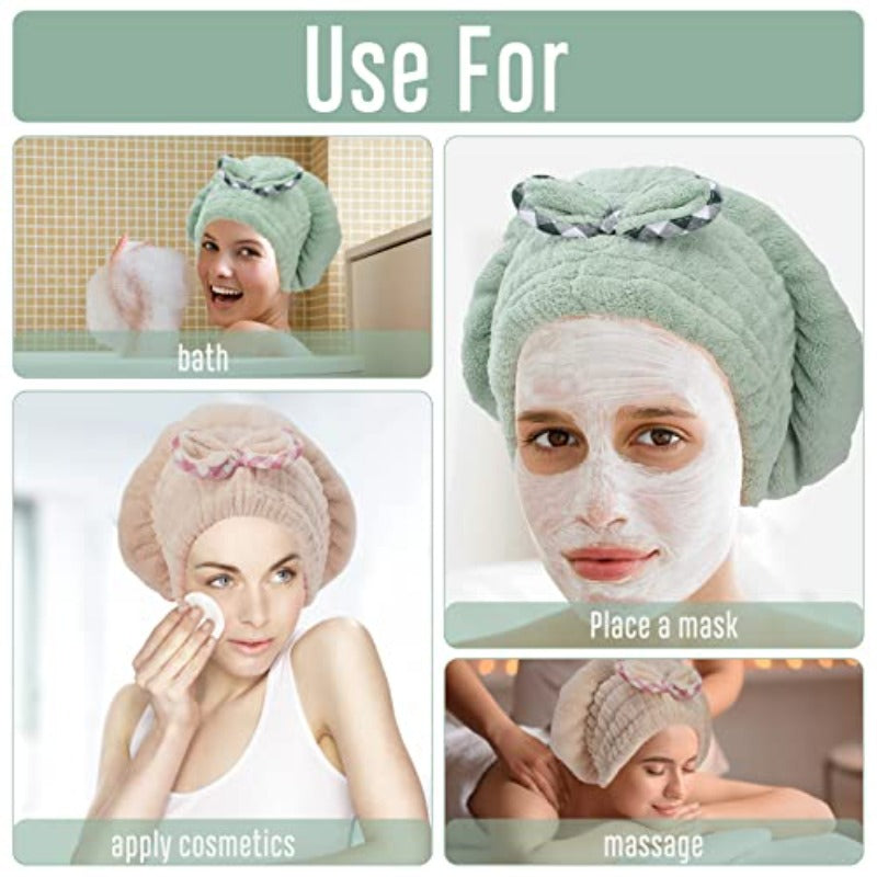 2pcs Women's Quick-Dry Hair Drying Caps with Bow-Knot - Microfiber & Coral Velvet Hair Towel Turban, Beige & Mint Green, One Size Fits Most for Long\u002FShort Hair, Post-Shower, Swim, Gym - Frizz-Free, Machine Washable Hair Wrap