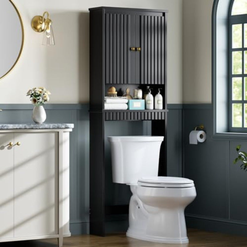Over The Toilet Storage Cabinet Over The Toilet Storage with Fluted Door Over The Toilet Cabinet with Adjustable Shelf Above The Toilet Storage Cabinet for Bathroom Organizer Black