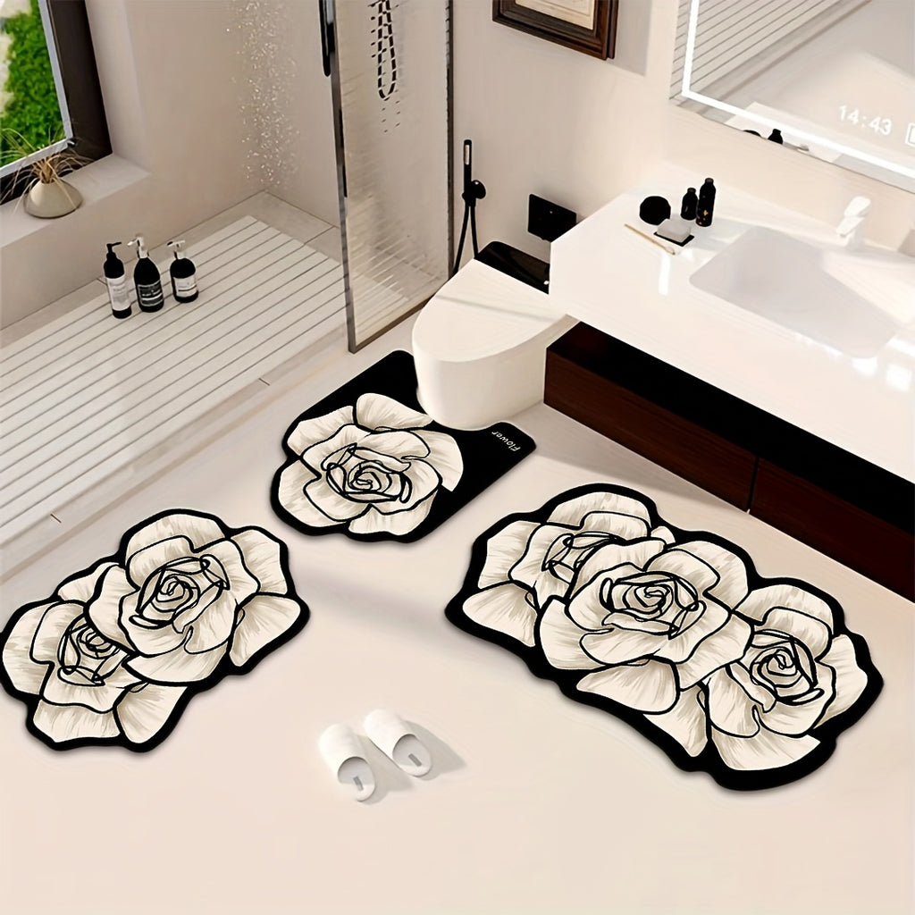 3pcs Premium Elegant Floral Bathroom Toilet Mat Set, Non-slip, Multifunctional, Quick-drying, Absorbent, Diatomite Bathroom Door Mat, Holiday Gift, Light Luxury