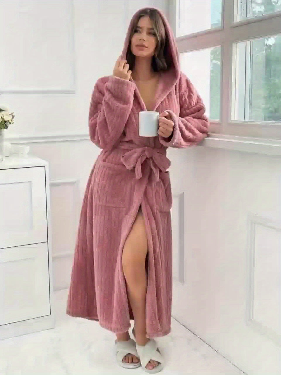 Women's Plush Fleece Robe with Belt, Hood & Side Pockets - Soft Warm Loungewear, Valentine's Gift for Her, Birthday Present, Winter Home Hotel Use