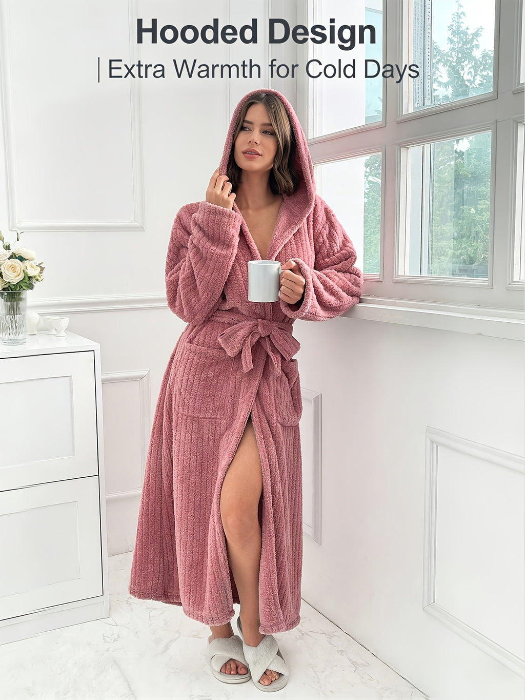 Women's Plush Fleece Robe with Belt, Hood & Side Pockets - Soft Warm Loungewear, Valentine's Gift for Her, Birthday Present, Winter Home Hotel Use