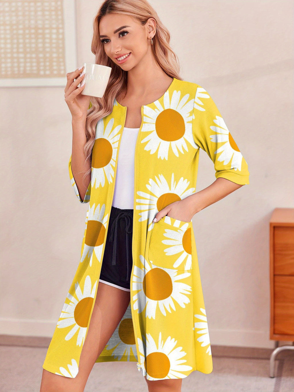 Women's Floral Print Waffle Zip-Up Robe - Lightweight Knee-Length Housecoat with Pockets, V-Neck & Three-Quarter Sleeves, Machine Washable, Sizes S-2XL, Comfortable Loungewear, Elegant Home Attire, Stretchy Fabric