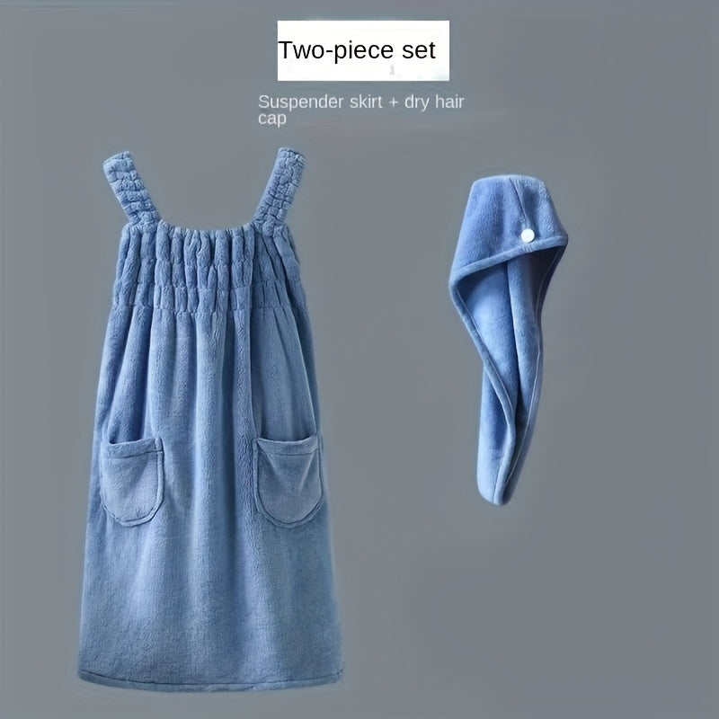 Set of 2 Wearable Bath Towels And a Hair Drying Cap, Adult Coral Velvet Shower Wrap, Suction Bathrobe with Pockets, Bath Towel with Hair Towel, Bathroom Essentials, Wash Cloths
