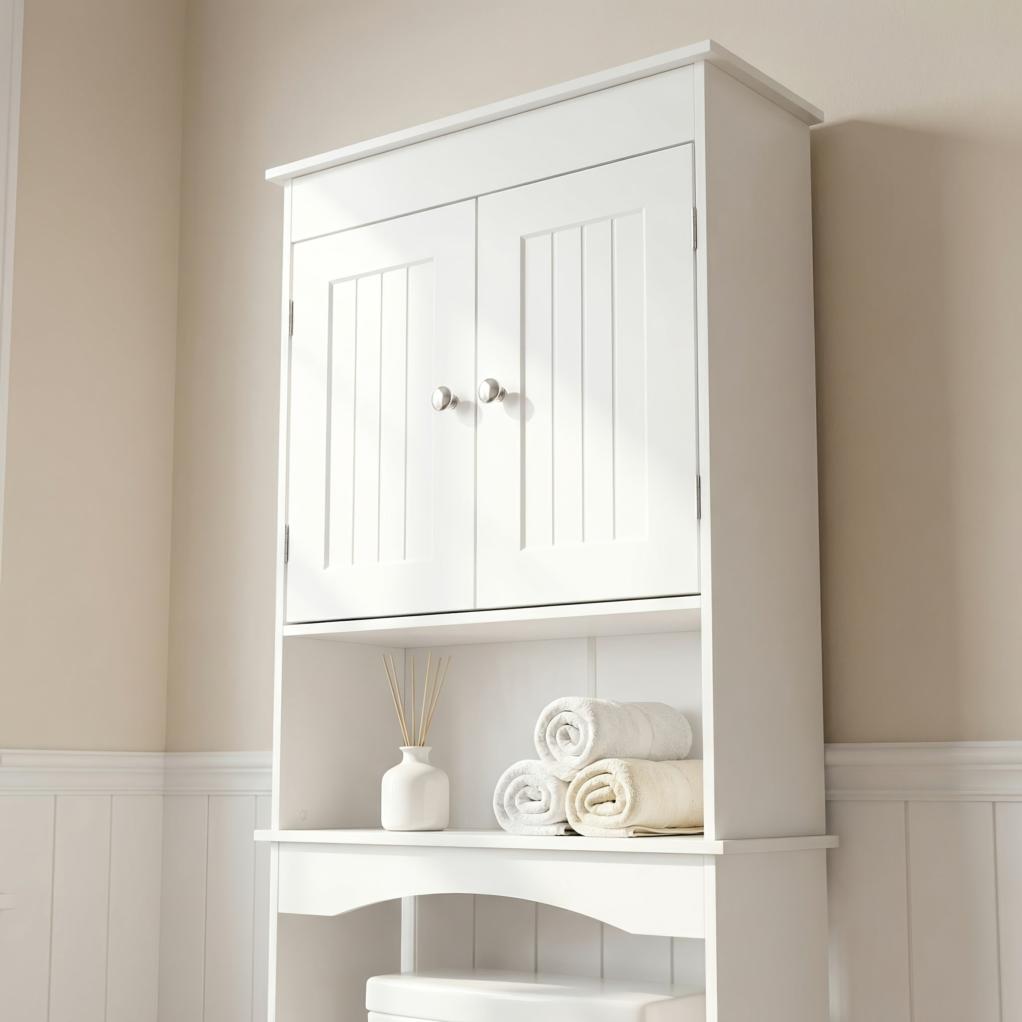 Over The Toilet Storage Cabinet With Adjustable Shelf And Double Doors | Bathroom Space Saver Organizer Above Toilet With Open Shelf, Taller Free Standing Toilet Rack - White, Modern Style, Floor Mount