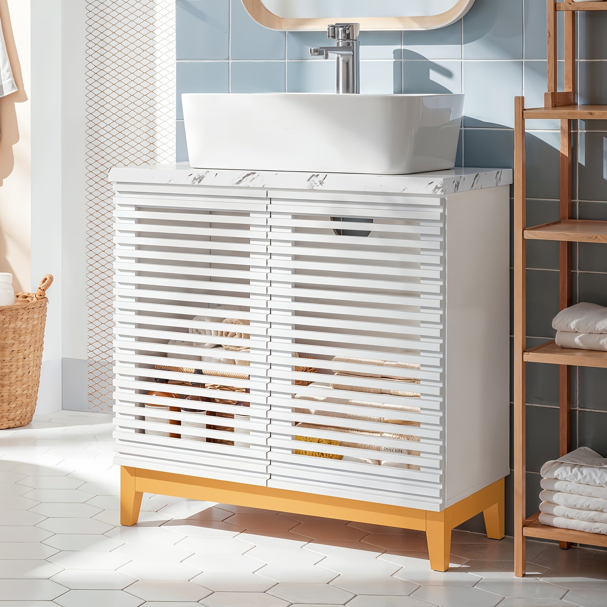 Modern Bathroom Vanity with Artificial Stone Washbasin And Storage Compartment, Bathroom Cabinet with Slatted Cabinet Doors And Solid Wood Legs, Bathroom Organizer And Storage, for Bathroom, White