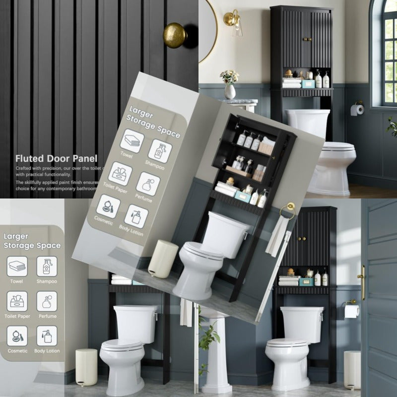 Over The Toilet Storage Cabinet Over The Toilet Storage with Fluted Door Over The Toilet Cabinet with Adjustable Shelf Above The Toilet Storage Cabinet for Bathroom Organizer Black
