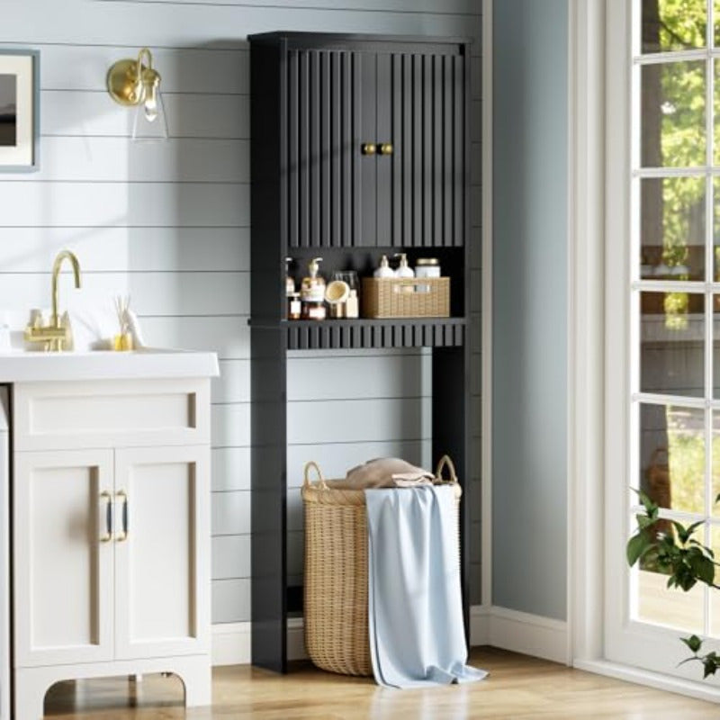 Over The Toilet Storage Cabinet Over The Toilet Storage with Fluted Door Over The Toilet Cabinet with Adjustable Shelf Above The Toilet Storage Cabinet for Bathroom Organizer Black