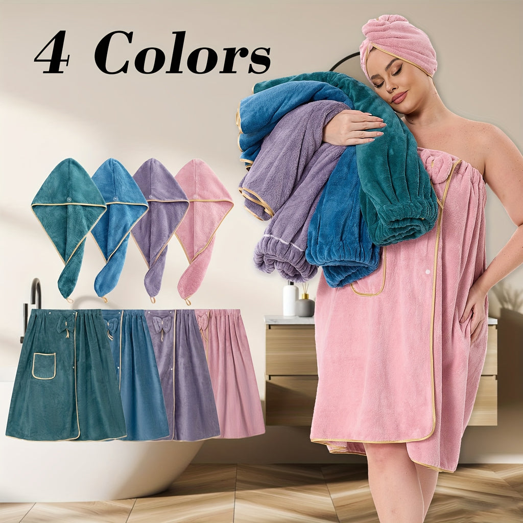 2pcs Extra Large Bathrobe and Hair Cap Set | Heavyweight 110.23-330 Lbs Load Bearing, Adjustable Closure, Thickened Coral Fleece Towel with Golden Piping, Face Towel, Bath Towel, Women'S Bath Towel, Men'S Bath Towel, Polyester, Machine Washable