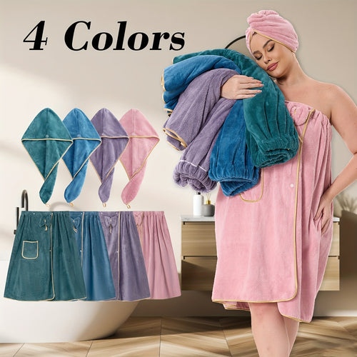 2pcs Extra Large Bathrobe and Hair Cap Set | Heavyweight 110.23-330 Lbs Load Bearing, Adjustable Closure, Thickened Coral Fleece Towel with Golden Piping, Face Towel, Bath Towel, Women'S Bath Towel, Men'S Bath Towel, Polyester, Machine Washable