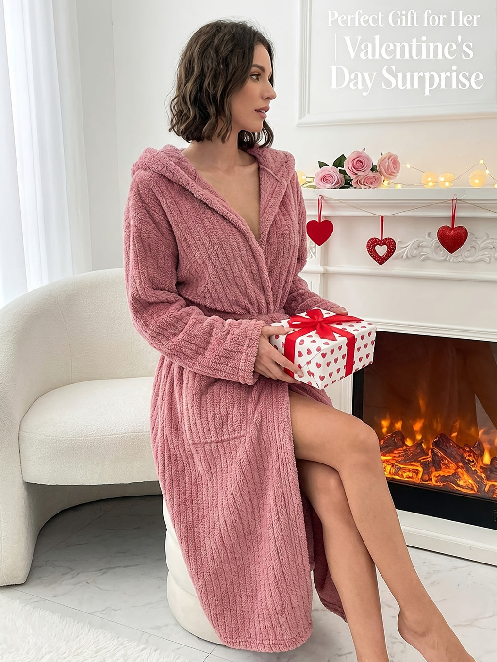 Women's Plush Fleece Robe with Belt, Hood & Side Pockets - Soft Warm Loungewear, Valentine's Gift for Her, Birthday Present, Winter Home Hotel Use