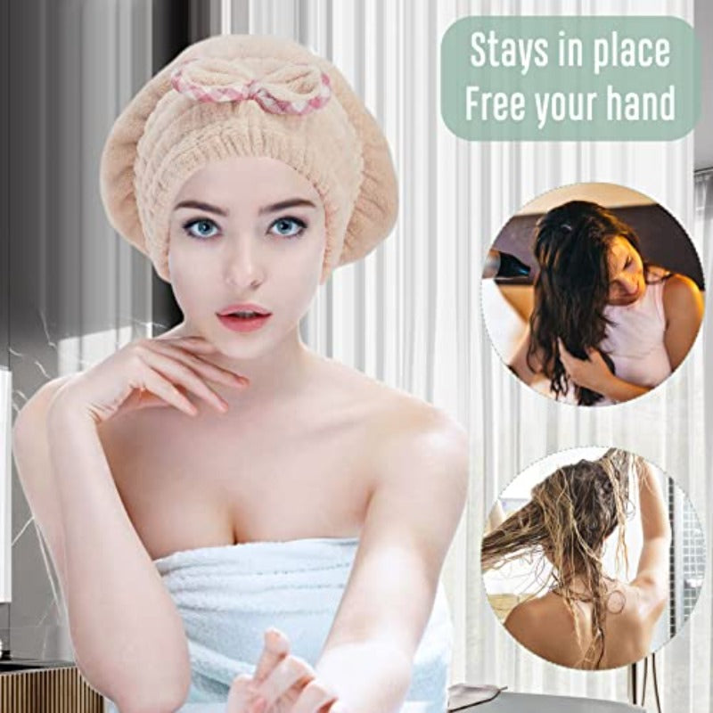 2pcs Women's Quick-Dry Hair Drying Caps with Bow-Knot - Microfiber & Coral Velvet Hair Towel Turban, Beige & Mint Green, One Size Fits Most for Long\u002FShort Hair, Post-Shower, Swim, Gym - Frizz-Free, Machine Washable Hair Wrap