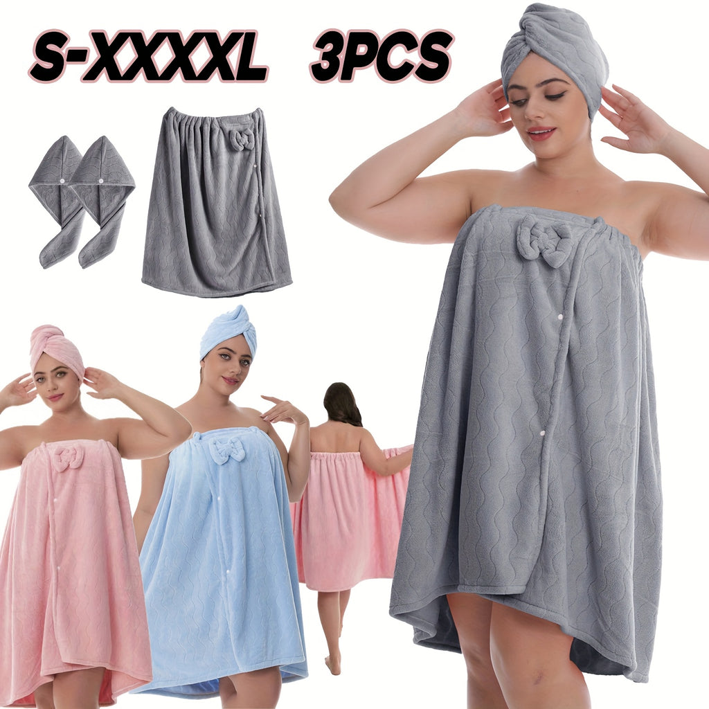 3pcs Luxury Bathrobe & Hair Dryer Cap Set - Extra Large Quick-Dry Bathrobe (S-XXXXL, up to XXL), Heavyweight 350gsm Coral fleece Spa Robe with Hooded Design, Soft Absorbent Towels for Home, Travel, Sauna, Salon - Elegant Post-Shower Wrap in Pastel C