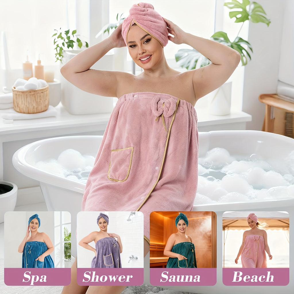 2pcs Extra Large Bathrobe and Hair Cap Set | Heavyweight 110.23-330 Lbs Load Bearing, Adjustable Closure, Thickened Coral Fleece Towel with Golden Piping, Face Towel, Bath Towel, Women'S Bath Towel, Men'S Bath Towel, Polyester, Machine Washable