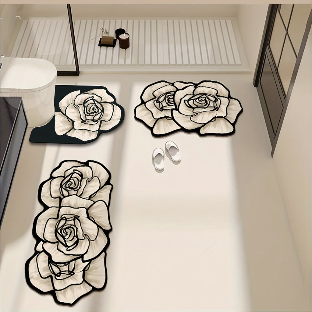 3pcs Premium Elegant Floral Bathroom Toilet Mat Set, Non-slip, Multifunctional, Quick-drying, Absorbent, Diatomite Bathroom Door Mat, Holiday Gift, Light Luxury