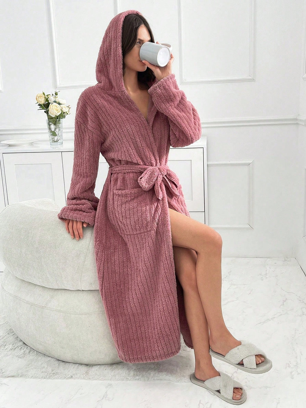 Women's Plush Fleece Robe with Belt, Hood & Side Pockets - Soft Warm Loungewear, Valentine's Gift for Her, Birthday Present, Winter Home Hotel Use