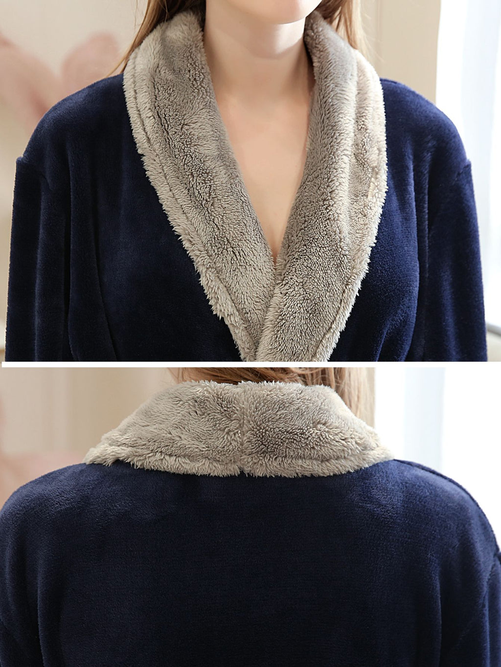 PUTUO Women'S Elegant Navy Plush Fleece Robe - Soft Long Sleeve Winter Sleepwear with Belted Waist, V-Neck & Straight Hem, All-Season Cozy Bedrobe for Women