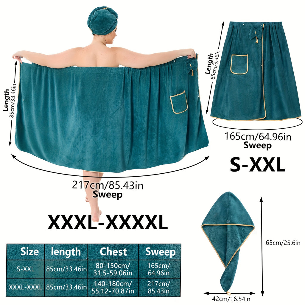 2pcs Extra Large Bathrobe and Hair Cap Set | Heavyweight 110.23-330 Lbs Load Bearing, Adjustable Closure, Thickened Coral Fleece Towel with Golden Piping, Face Towel, Bath Towel, Women'S Bath Towel, Men'S Bath Towel, Polyester, Machine Washable