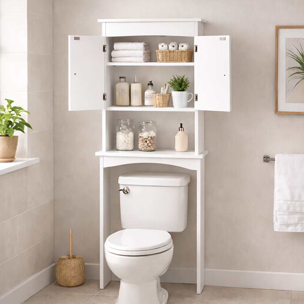 Over The Toilet Storage Cabinet With Adjustable Shelf And Double Doors | Bathroom Space Saver Organizer Above Toilet With Open Shelf, Taller Free Standing Toilet Rack - White, Modern Style, Floor Mount