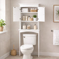 Over The Toilet Storage Cabinet With Adjustable Shelf And Double Doors | Bathroom Space Saver Organizer Above Toilet With Open Shelf, Taller Free Standing Toilet Rack - White, Modern Style, Floor Mount