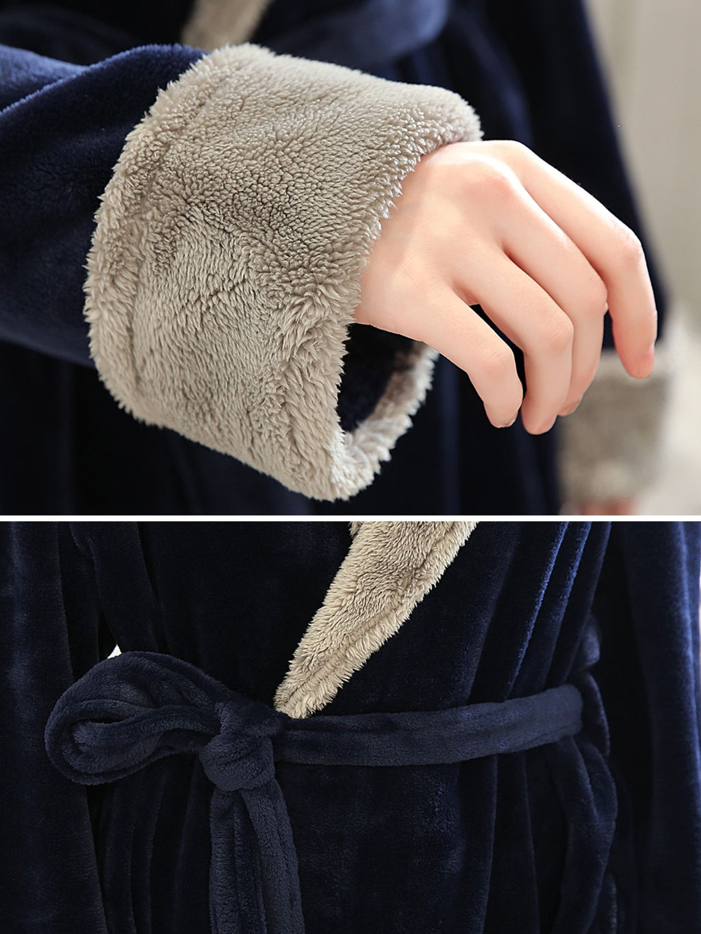 PUTUO Women'S Elegant Navy Plush Fleece Robe - Soft Long Sleeve Winter Sleepwear with Belted Waist, V-Neck & Straight Hem, All-Season Cozy Bedrobe for Women